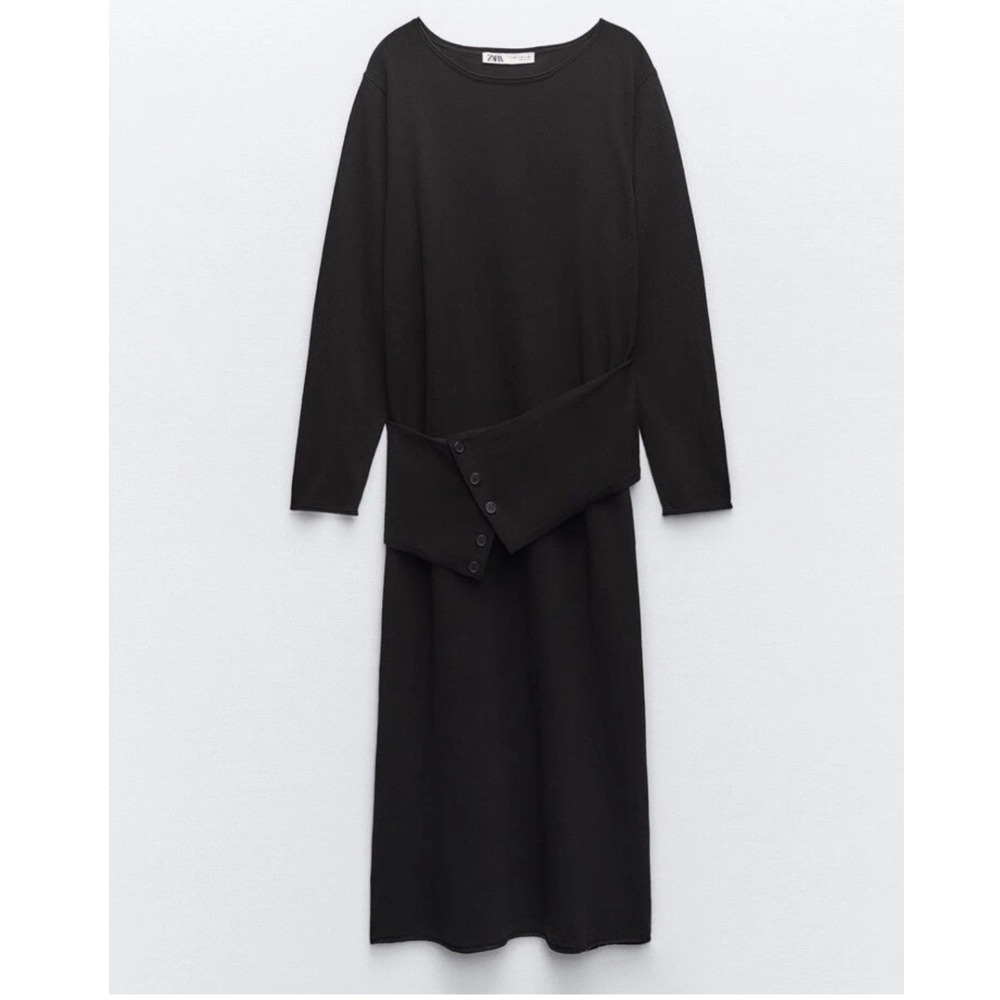 ZARA Black Long Sleeve Midi Dress Asymmetrical Button Detail‎ Knit Size L